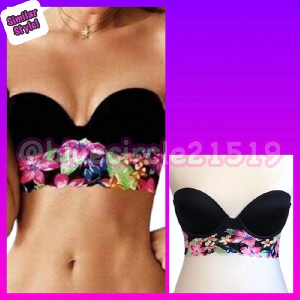 ⬇️ PINK Victoria’s Secret Bra Black with Floral Lace Trim Strapless Bustier 34B